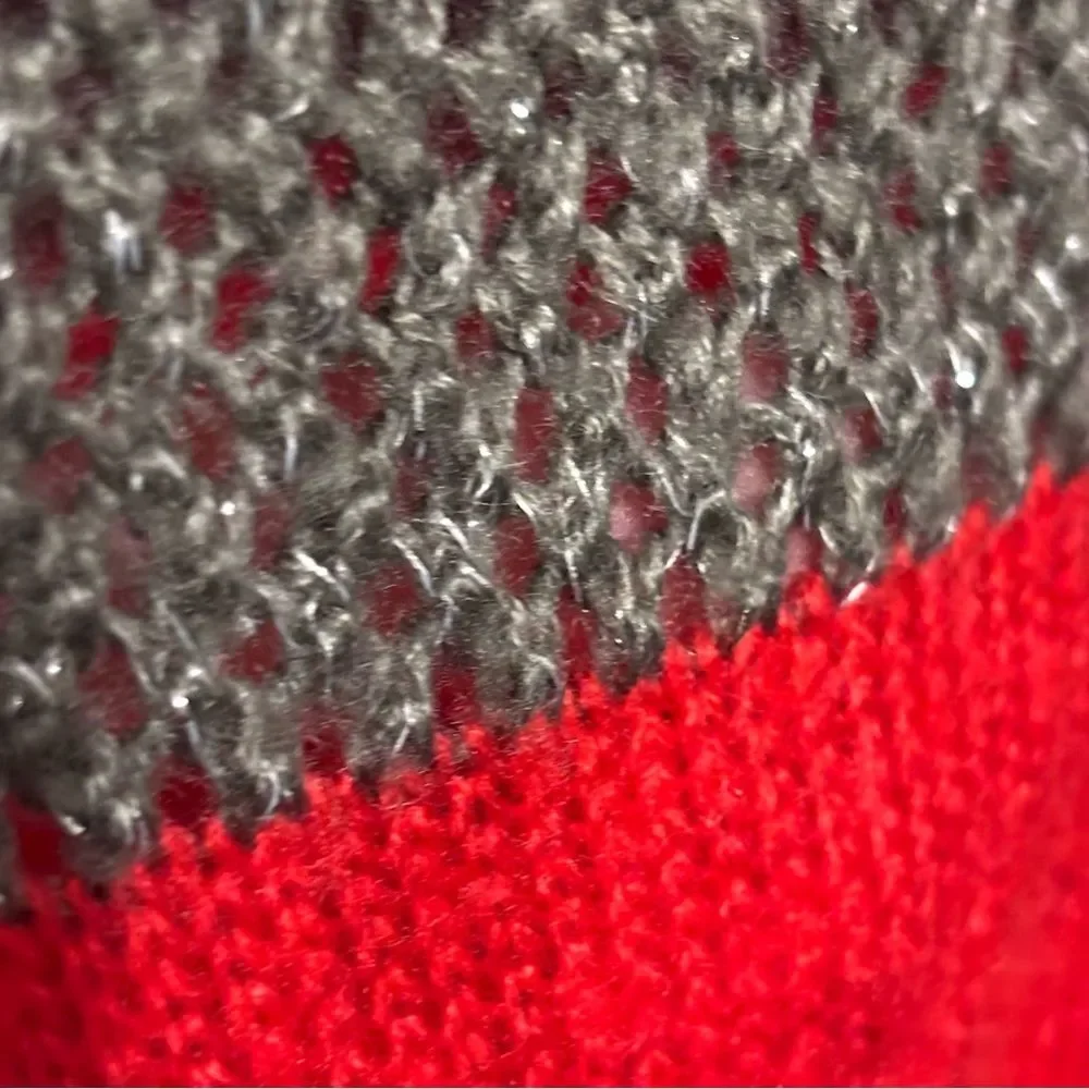 J. Jill Women's Red Gray Silver Sparkles Wide Striped Knit Head Neck Scarf Grey